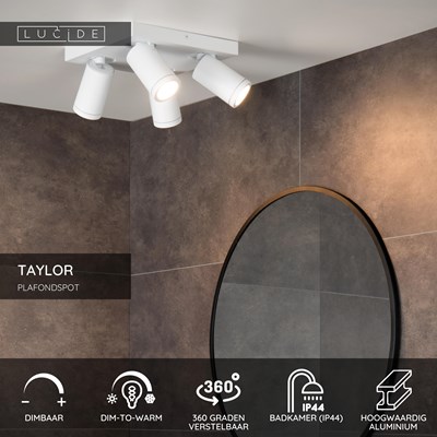 Lucide TAYLOR - Plafondspot Badkamer - LED Dim to warm - GU10 - 4x5W 2200K/3000K - IP44 - Wit
